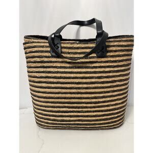 Straw Tote Bag Large Shoulder Leather Straps 15"x22" Beach Coastal Casual